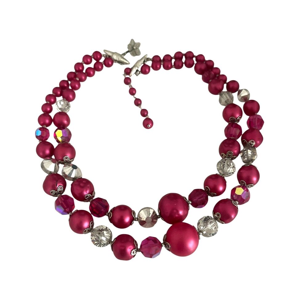 Vintage 1960s Vendome Magenta Bead AB Crystal Double Strand Necklace - 5E